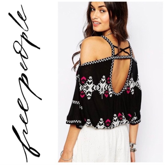 NWT FREE PEOPLE South By Southwest Cold Shoulder Embroidered Top Black M